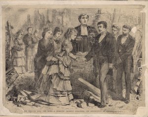 Een bruiloft te midden van de ruïnes - Een romantisch incident na de verwoesting van Chicago, illustratie uit Harpers Weekly, 1871 door American School